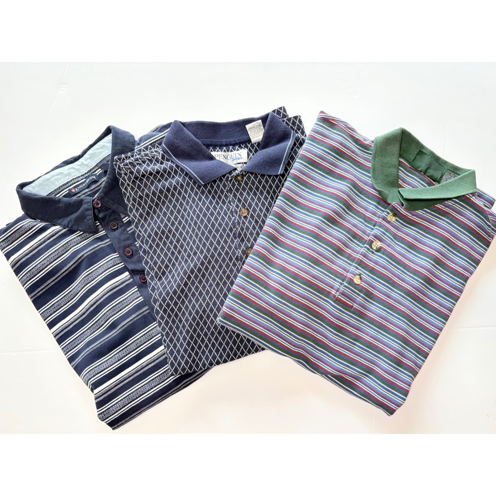 Vintage Mens Polo Shirt Lot 3 L Navy Striped Diamond Penguin Knightsbridge 90s